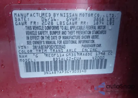 2016 Nissan Sentra Sl from USA, damaged, VIN 3N1AB7AP3GY303540